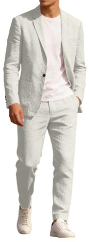 Mens Linen Suits 2 Piece Slim Fit Beach Wedding Formal Tuxedo One Button Business Suit Jackets and Blazer Trousers Breathable Lightweight Leisure Suits Summer Sets Casual Wear