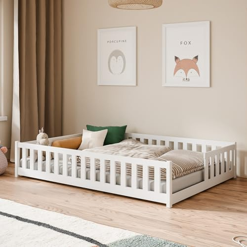 Kids Collective Kinderbett Bodenbett mit Rausfallschutz & Lattenrost Montessori Bett Bed Gitterbett Kinder Jugendbett Einzelbett | 140x200 cm | Weiß