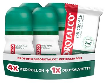 Borotalco, Kit 4 Deodoranti Roll-On e Deo-Salviette, 4 x 50 ml | Con Talco Vegetale e Molecole Anti-Odore, Durata 48h, Senza Alcol, 12 Salviette