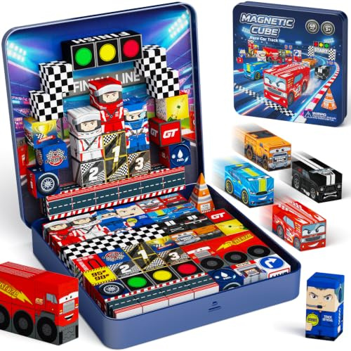 Magnetic Blocks Boys Travel: 48PCS Racing Travel Set with Iron Box | 2-in-1 Travel Tin Case - N32 Magnets Stay Put on Bumpy Car Rides - Road Trip Toys for Boys 3-8