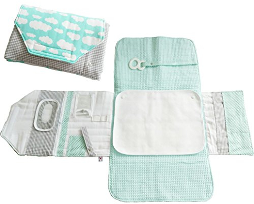 Atelier MiaMia Windeltasche Wickeltasche für Unterwegs mit Wickelauflage Wickelunterlage Limitierte Auflage Wolken mint (Standart+Zusatz+Füllung)