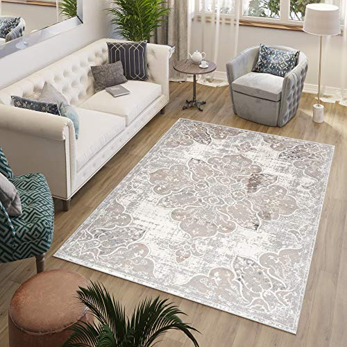 TAPISO Valley Teppich Kurzflor Weiß Grau Vintage Blumen Used Effekt Meliert Verwischt Wohnzimmer Schlafzimmer ÖKO-TEX 200 x 300 cm