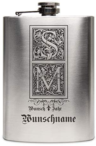 Edelstahl Flachmann 237 ml 8 oz Geschenk mit individueller Gravur - Verzierte Initialen