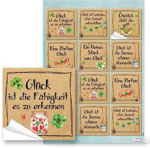 Logbuch-Verlag 12 Sprüche Aufkleber Glück Geburtstag Silvester Neujahr Geschenkaufkleber Deko Sticker Glückwünsche 6 x 6 cm