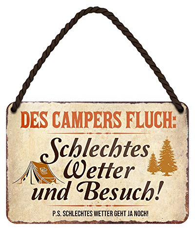 Wohnwagen Camping Schild - witziges Metallschild mit Kordel und Saugnapf - lustige Dekoration Geschenkidee für Campingwagen Wohnanhänger Wohnmobil Caravan - Deko Zubehör Accessoire - 18x12cm