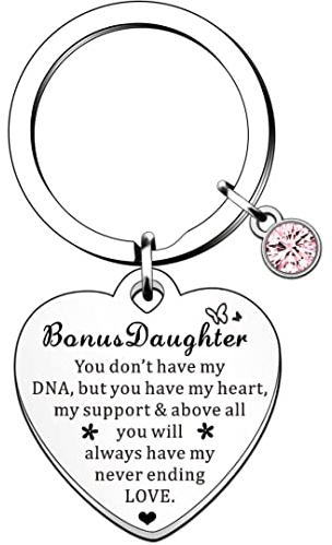HULALA Bonus Daughter Herz Schlüsselanhänger Geschenke für Geburtstag Weihnachten You Don't Have My DNA But You Have My Heart My Support Never Ending Love, silber, Einheitsgröße