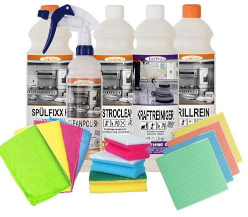 Lorito Küchenreiniger Set 16-teilig, mit 4x Mikrofasertuch, 4x Schwammtuch, 3x Schwamm und 5x Reinigungsmittel für alle Oberflächen in Küche und Haushalt