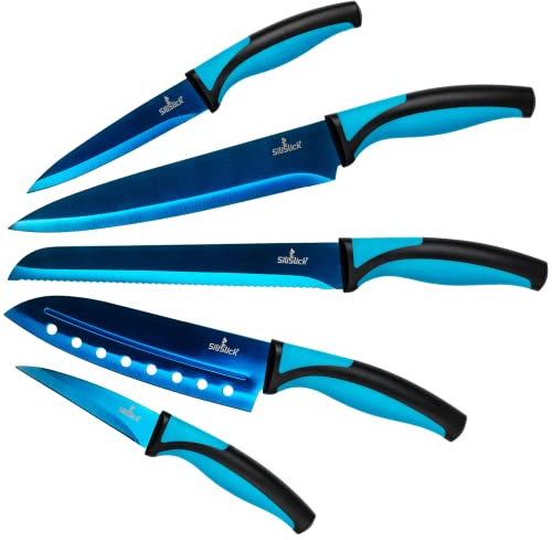 SiliSlick Messerset, 5 Scharfe Küchenmesser als Set zum Kochen, Hochwertige Klingen aus Edelstahl, Titanbeschichtung mit Regenbogeneffekt, Ergonomische Griffe, Blau Griff, Blau Klinge