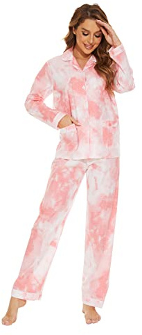 GLOBAL Womens Pyjama Sets 100% Cotton Ladies PJs Button Front Top and Drawstring Bottoms