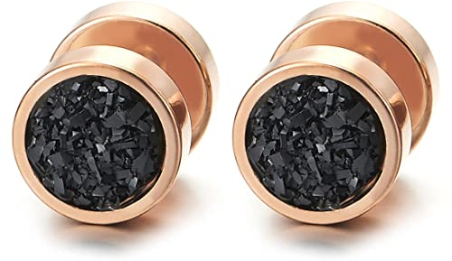 Uomo Donna 10MM Acciaio Oro Rosa Cerchio Orecchini con Luccichio Nero, Finto Dilatatore Fake Cheater Plug Gauges, 1 Paio