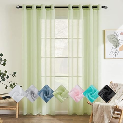 EMEMA 2er Set Sheer Voile Vorhang mit Ösen Transparente Gardine aus Voile Polyester Ösenschal Transparent Wohnzimmer Luftig Dekoschal für Schlafzimmer 140 X 145 cm (B x H) Grün
