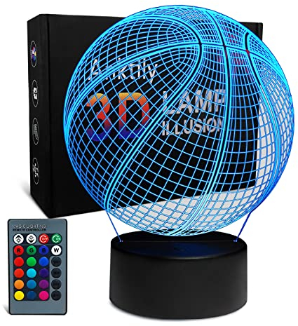 Lampada 3D Pallacanestro Luce Notturna Illusione Ottica per Bambini, Lampada da Tavolo Luce Decorazioni Luce Notte per Comodino con 16 Colore e Telecomando