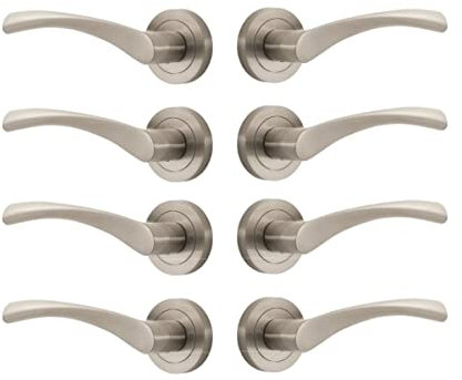 Designer Levers - Marvel Lever On Rose Door Handles Pair in Brushed Nickel Finish - 4 Pair - Interior Use Door Handle - Round Modern Design
