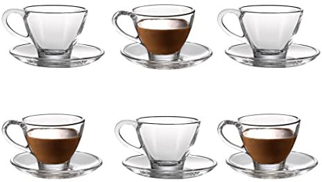Royal Cuisine Set of 6 Heat Resistant Handled Black/Green Tea Cups Cappuccino/Coffee Latte Milk iced Coffee Glass Cups Great Gift (6PCS Cups and Saucers Set)