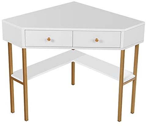 COSTWAY Table Bureau d'angle avec 2 Tiroirs Table Imformatique pour Ordinateur avec Etagère de Rangement Noir/Doré/Blanc (Blanc), pour Travail, Moderne