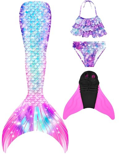 DNFUN meerjungfrauenflossen mädchen Badeanzug - Meerjungfrau Flosse Bademode mit Bikini Set und Monoflosse Mermaid Tail