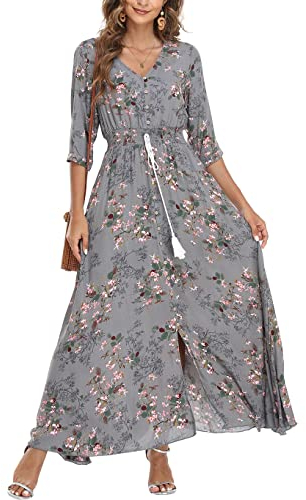 Damen Sommerkleid A Line V-Ausschnitt Standkleid Boho Blumenkleid 3/4 Ärmel Hohe Taille Partykleid Lange Freizeitkleid Grau L