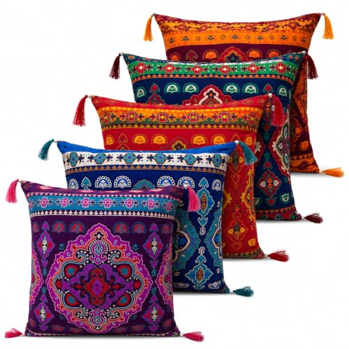 Flying Trade Indische ethnische Kissenbezüge, Überwurfbezug für Couch, westliches arabisches Dekor, Set mit 5 bunten Kissen, Boho, Urlaub, Sofa, große indische böhmische Mandala-Dekoration, 5 Stück