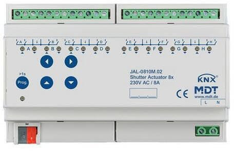KNX Jalousieaktor 8-fach mit Fahrzeitmessung, 8TE, REG, 10A, 230VAC,