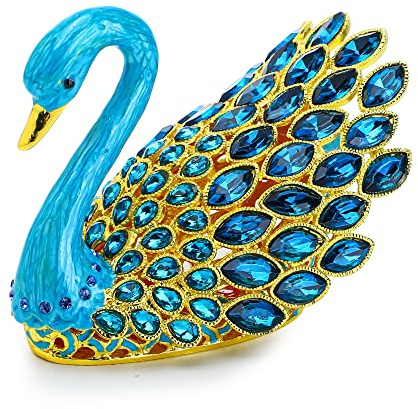 YU FENG Schmuckkästchen, 9,4 cm, Emaille, blaue Edelsteine, Schwan, aufklappbar, handbemalt, Schmuckaufbewahrung, Ringhalter, Andenkenbox, Tierfigur, Sammlerstück, Hochzeitsgeschenk