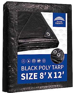 RAINDEWAY Lona negra de 8 x 12 pies, resistente a los rayos UV, cubierta de lona de polietileno impermeable de 8 mil, multiusos, de resistencia media, con ojales de metal y bordes reforzados