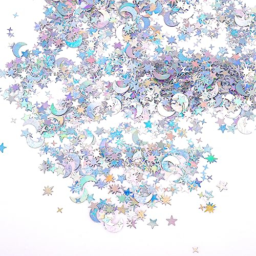 ENLACE Konfetti Geburtstag Deko,2000 Stück Glitzer Konfetti Pailletten Streudeko Geburtstag,Sterne Mond Confetti Silber Hochzeit Deko,Streudeko Tischdeko für Jubiläen,Partys,EID,Hochzeit,DIY