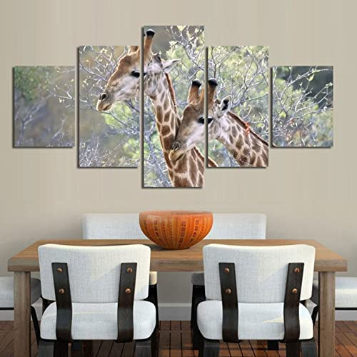 Leinwandbild 5-Teilig Tierische Giraffe M/100 X 50 Cm Bild Wanddeko Wand Bild Kunstdruck Deko Wohnzimmer Wohnzimmer Schlafzimmer Büro Hotel Wandkunst Wandbild Poster Foto