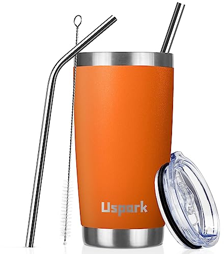 UsparkMC 20oz 550ml Tumbler Stainless Steel with Lid and Straw,Double Wall Vacuum Insulated Coffee Travel Mug for Hot & Cold,Reusable Cup,BPA Free, Orange