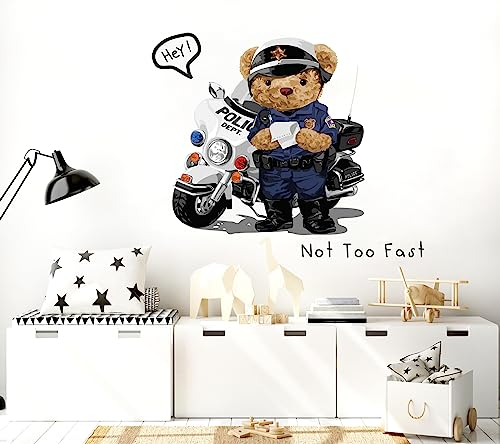 WONDER MURALS Wandtattoo Kinderzimmer Polizei Bär auf Motorrad Deko Mädchen Junge Wandaufkleber Wandsticker Kinder Wanddeko Babyzimmer
