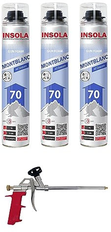 Mousse expansive polyuréthane Pistolable Montblanc Toutes Saisons - Aérosol de 870 ml - Pour l'Isolation et le Calfeutrage - Lot 3 mousses + 1 Pistolet