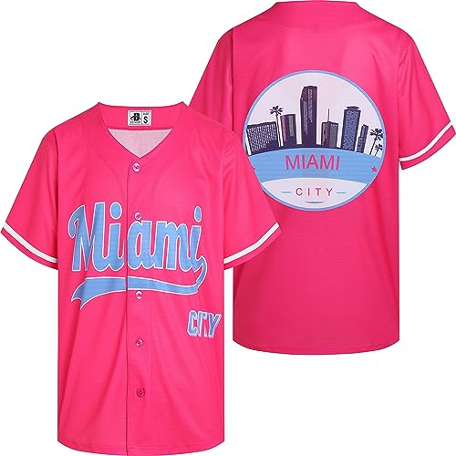 DEHANER City Baseball Trikots für Herren Damen Button Down Casual Shirts Streetwear Outfits Fans Tops, Miami City-Hot Pink Jersey, S