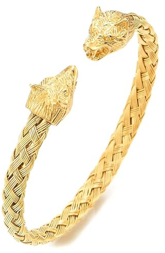 Ockyunoo Bracelet Tête de Loup, Torsadé Bracelet pour Hommes, Bracelet Jonc de Style Ancien Dragon, Inoxydable Bracelet Tête de Loup, Réglable Bracelet, pour les Poignets Assortis pour Hommes(Or)