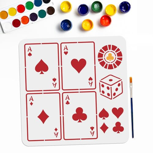 MAYJOYDIY Spielkarten-Würfelschablonen, 30 x 29 cm, Herzen, Clubs, Diamanten, Piken, Schablone mit Pinsel, wiederverwendbar, DIY-Kunsthandwerk-Schablonen an Wand, Holz, Glas