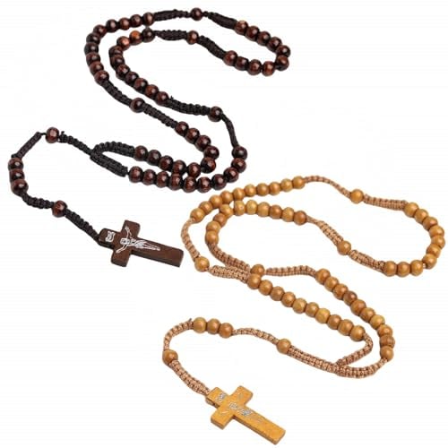 Kuesn 2 Pcs Wooden Beads Rosary Necklaces Handmade Rosaries Wood Rosary Necklaces Beads Christ Jesus Imprint Cross Religious Accessories Christian Necklaces (Coffee and Dark Coffee)