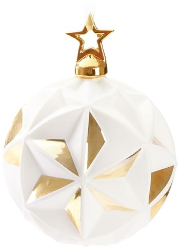 BRUBAKER Premium Weihnachtskugel Stern Weiß Gold mit 3D Oberfläche - 10 cm Baumkugel aus Glas mit Weihnachtstern Figur aus Porzellan - Weihnachtsbaumkugel - Weihnachtsdekoration
