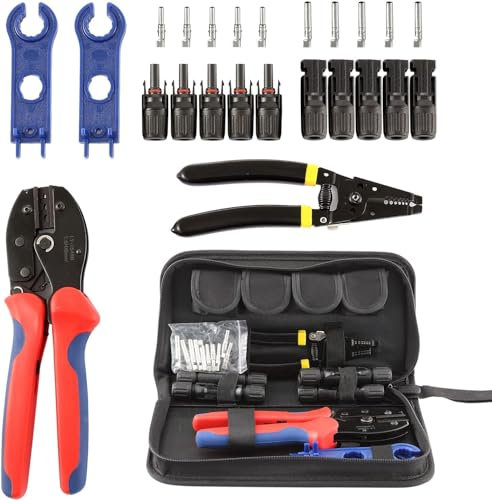 SOSINYA Set di pinze crimpatrici per connettori a energia solare, 1 crimper, 1 pinza spellafili, 2 chiavi dritte, 5 paia di connettori maschio/femmina
