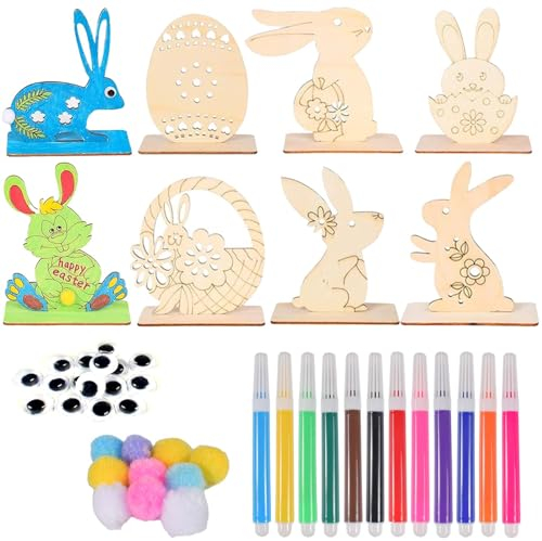 Forhome 8 Stück Hasen aus Holz zum Bemalen,DIY Osterhase Deko,Ostern Basteln Holz,Ostern Basteln Holz mit Bunte Mini Pompons, Kulleraugen Deko,Ostern Basteln Kinder für Eier Ostern Deko Geschenke
