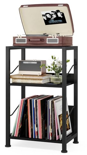 Hosfais 3 Tier Record Player Stand, Retro Vinyl Record Storage End Table Records for Living Room Bedroom (Black)