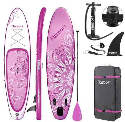 FBSPORT Tavola da SUP Gonfiabile SUP, Stand Up Paddling Board, Stand Up Paddle Board Gonfiabile per Stand Up Paddling 15CM Spessore, Surf con Alluminio Regolabile SUP Paddle + Pompa(Flower Purple)