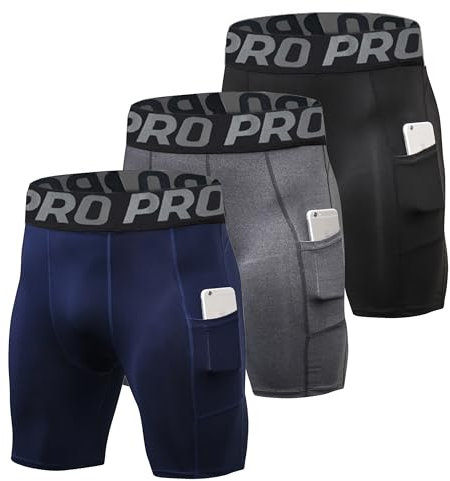 YUSHOW 3er Pack Kompressionsshorts Herren Kompressionshose Sporthose Kurz Schnell Trocknend Atmungsaktive Sommer Kurze Radlerhose Schwarz Männer Laufhose Jogginghose mit Taschen