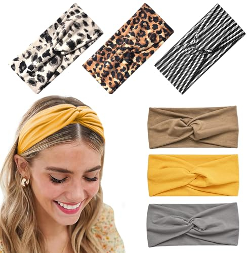 Nayyana 6er-Pack Stirnbänder für Frauen, rutschfeste elastische Haarbänder, Yoga, Workout, Laufen, Sport, Schweiß, Haarwickel für Mädchen, Leopardenmuster und einfarbiges Stirnband