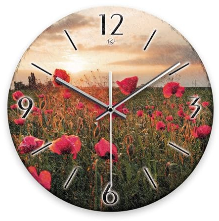 Kreative Feder Wanduhr „Mohnblumen-Feld“ aus Stein (Keramik) in Schiefer-Optik; Durchmesser 30cm; mit leisem Uhrwerk (Mohnblumen-Feld, leises Funkuhrwerk)