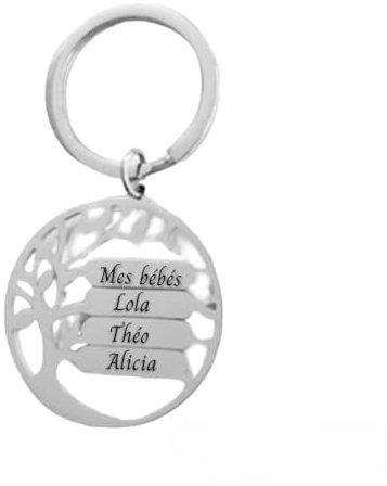 Lyly'S Porte clé fête des pères arbre de vie 1-8 prénoms porte clé personnalisé fête des mères acier inoxydable argent cadeau famille (Porte clè)