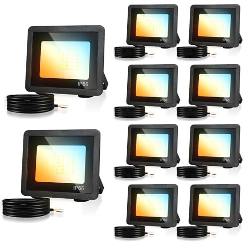 Herrselsam LED Strahler, 10x50W LED Fluter Dimmbar, 4600 Superhell Flutlichtstrahler, IP66 Wasserdicht 3 Farbtemperatur 3000K/4000K/6500K Außenstrahler (kein Stecker)
