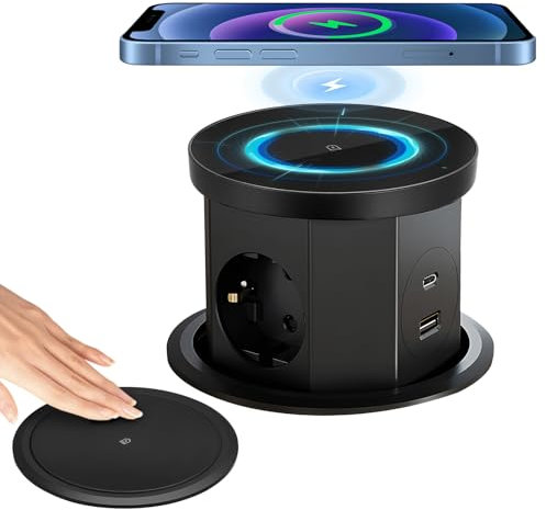 Enchufe Retráctil de 3 Enchufes con 1 USB C 1 USB-A, Torre Regletas Enchufes de Mesa Retráctil Negro con Cargador Inalámbrico, Cable de 1,5 m para Oficina y Cocina