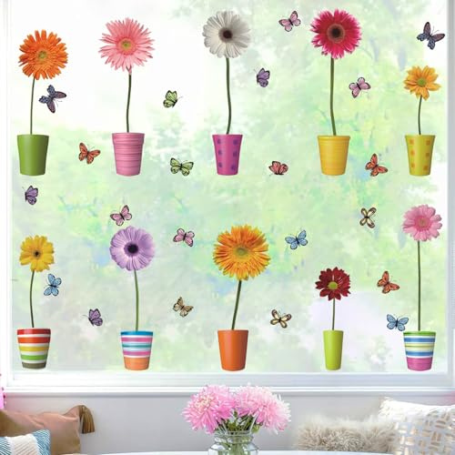 KAIRNE Flower Window Stickers,Flower Window Clings,Butterfly Window Decal,Blossom Floral Window Sticker for Glass,Garten Flowers Window Decoration,Spring Summer Sticker for Living Room Kitchen Decor