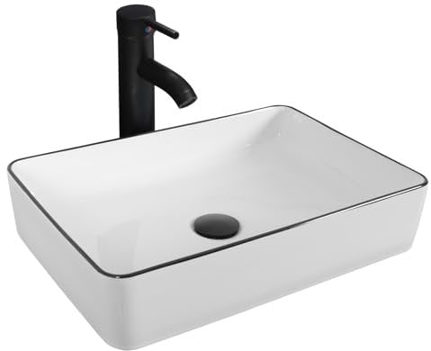 YU YUSING Lavabo Vasque à Poser Rectangulaire en Céramique avec Ensemble de Robinets, Lave-Mains, pour Salle de Bain, Cuisine, WC d'invités, Blanc Moderne, 50.5 x 34x 10cm