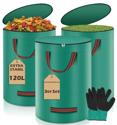 Miaglury 3x 120L Gartenabfallsack inkl. Handschuh, Laubsack Gartensack mit Deckel und 4 Griffen, Stabil Selbststehend Gartenabfallsäcke Garten Abfallsack Grünschnittsäcke Laubsäcke für Gartenabfälle