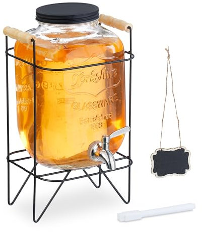 Relaxdays Getränkespender mit Ständer, Limobehälter 5L, Edelstahl Zapfhahn & Deckel, Wasserspender, Glas, transparent