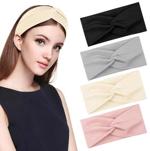 MELLIEX 4 Stück Stirband Damen, Elastische Haarband mit Schleife aus Baumwolle Stirnbänder Dünn für Sport Yoga Laufen Fitness